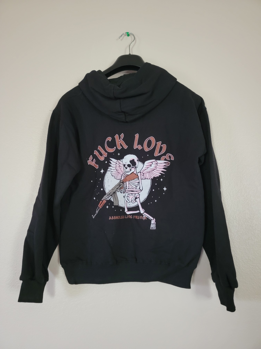 Black Graphic Hoodie Jacket with Pink Accent Wings